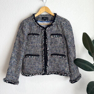 J Crew Womens Lady Tweed Jacket Blazer 4 Classic Preppy Multicolor Fringe Trim